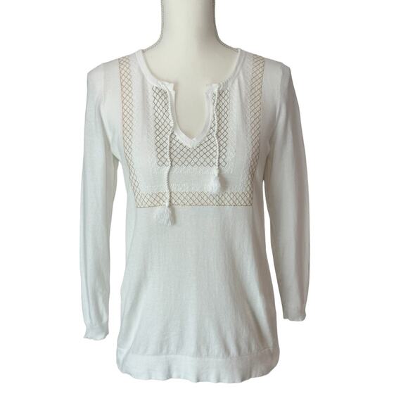 J. Crew Summer Sweater Top Size S Tassel Tie Embroidery Stitch Boho Neutral - Picture 1 of 8